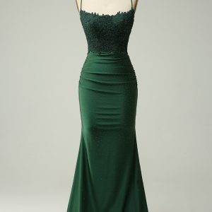 Mermaid Spaghetti Straps Dark Green Long Prom Dress with Appliques