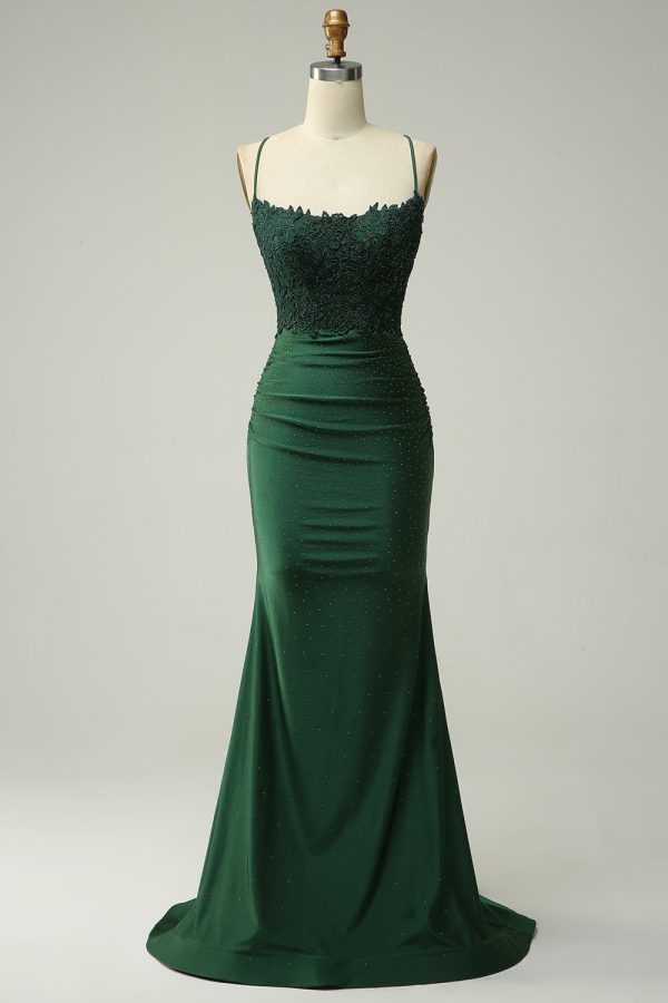 Mermaid Spaghetti Straps Dark Green Long Prom Dress with Appliques