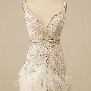 White Spaghetti Straps Sequins Short Homecoming Dress with Feather